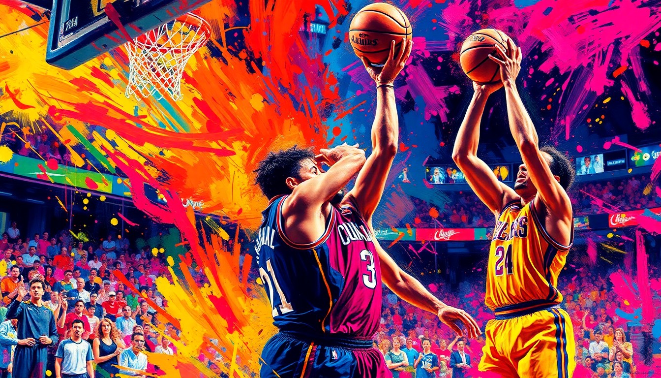 An abstract expressionist painting in vibrant neon colors, with rapid brushstrokes capturing the dynamic motion and energy of a basketball game-winning shot, the players' faces and details dissolving into a colorful, chaotic blur.