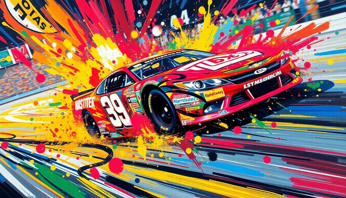 An abstract, expressionist painting in vibrant neon colors depicting the dynamic motion and energy of a NASCAR race car at Martinsville Speedway, with the car's details dissolving into textured brushstrokes.