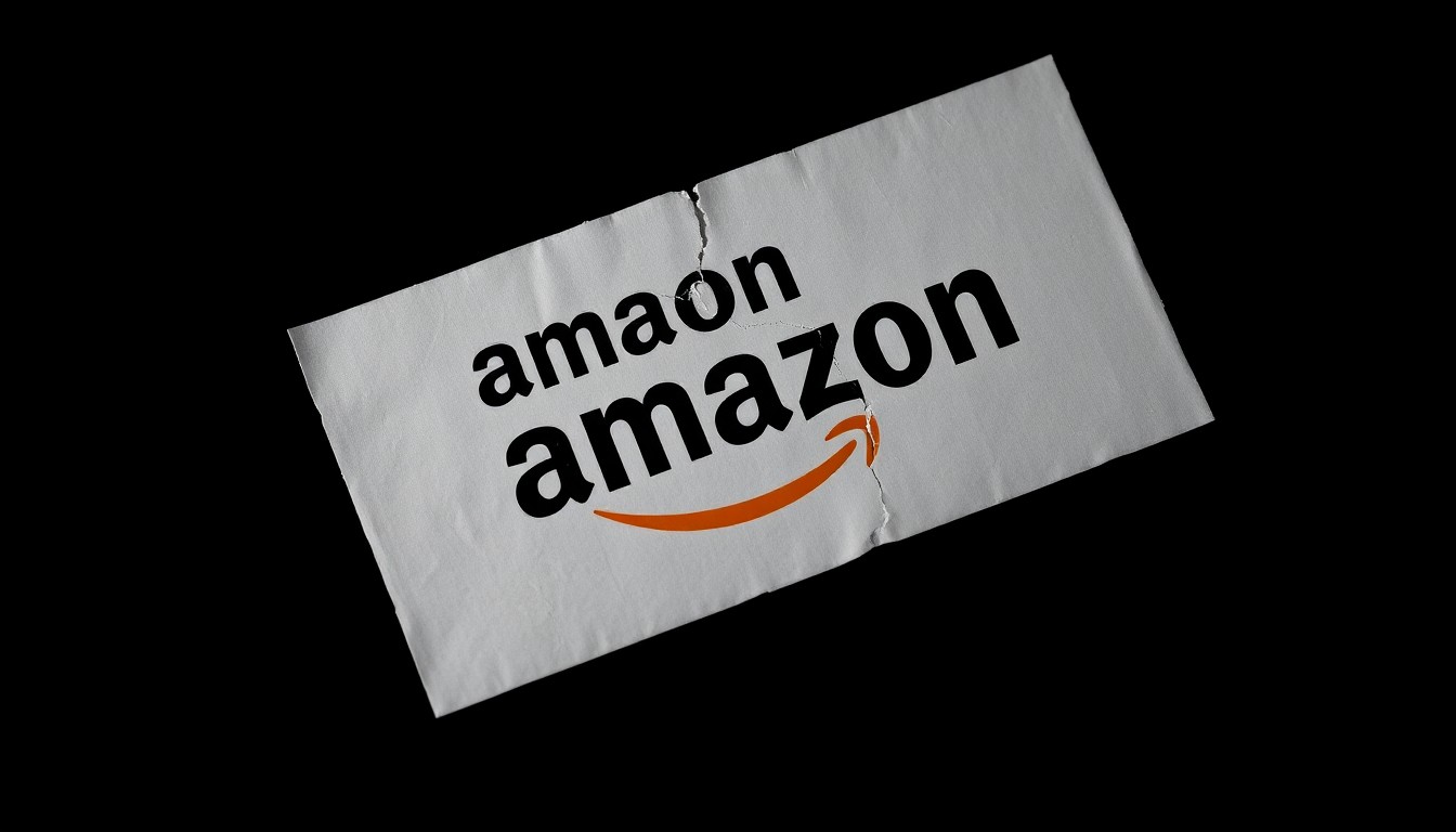 An extreme close-up of a cracked and damaged Amazon shipping label, the harsh lighting and black background creating a stark, gritty aesthetic that conceptually represents the investigation into government purchasing abuse.