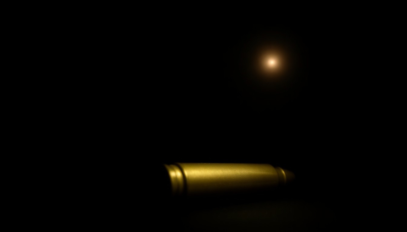 An extreme close-up photograph of a military-grade ammunition cartridge against a pitch-black background, capturing the stark, gritty details of the object in a dramatic, investigative style.