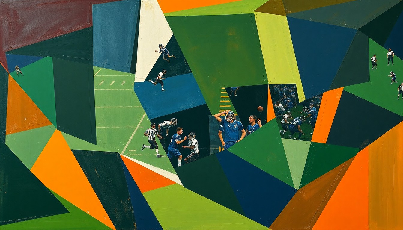 A cubist, geometric painting depicting a fragmented, multi-angled view of a football coaching scene, with sharp planes of navy, green, and orange hues conveying the intensity and determination of the coach's mission to prove his doubters wrong.