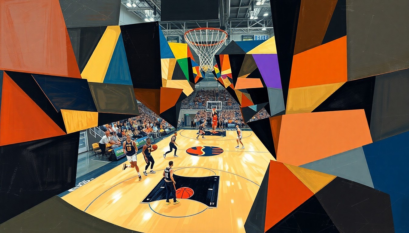 A fragmented, geometric painting depicting the movements and energy of a WNBA basketball game, with sharp planes of color and form representing the competitive action on the court.