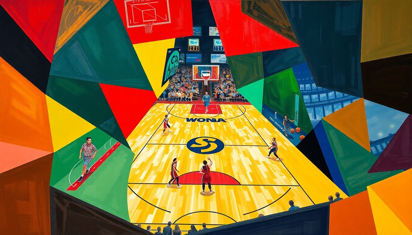 A cubist, geometric painting depicting a WNBA basketball game, with sharp, overlapping planes of color representing the action on the court.