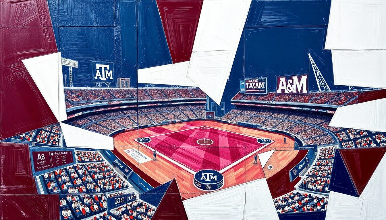 A fractured, geometric painting in vibrant maroon, white, and navy blue hues, depicting the dynamic action of a Texas A&M baseball game through overlapping planes and shapes.