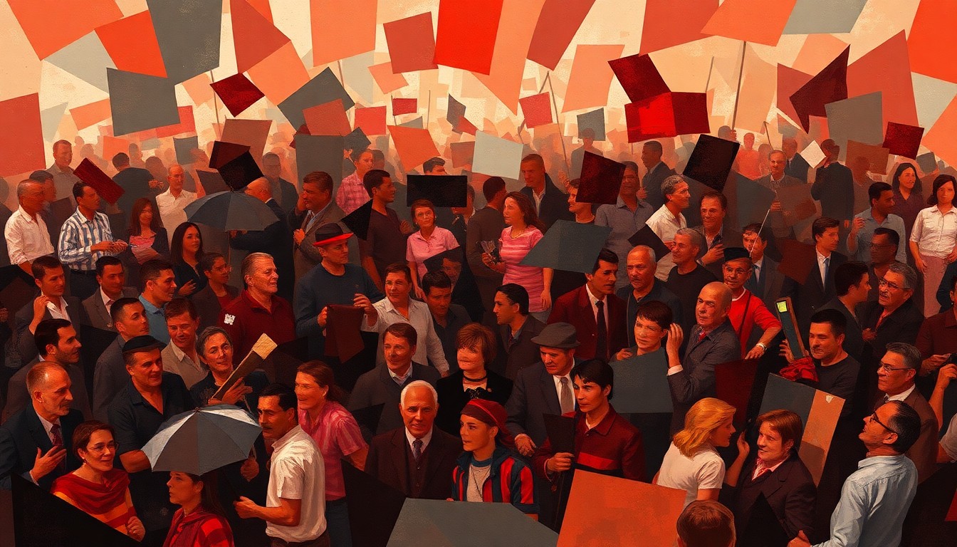 A vibrant, abstract painting featuring overlapping, fractured geometric shapes in shades of red, orange, and gray, conveying a sense of chaos and conflict in a political setting.