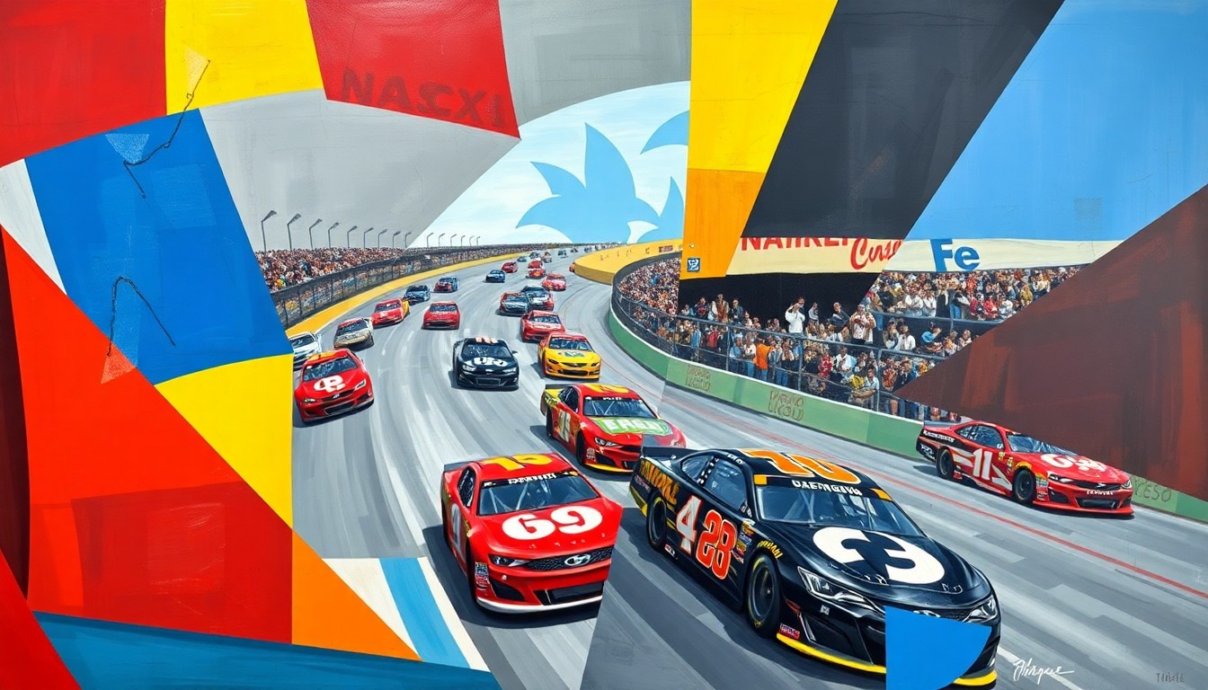 A fractured, geometric painting depicting the intense competition and dynamic movement of a NASCAR race, with cars and drivers rendered in sharp, overlapping planes of color.