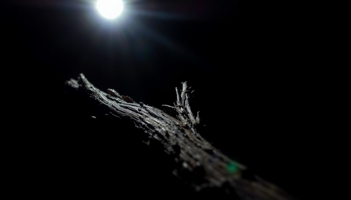 An extreme close-up photograph of a damaged tree branch or car part, lit by a harsh, direct camera flash against a pitch-black background, conceptually illustrating the aftermath of a vehicle crash.
