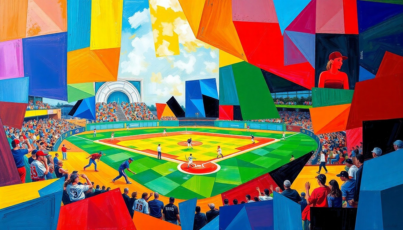 A cubist, geometric painting depicting a fastpitch softball game, with sharp, overlapping planes of color representing the dynamic action on the field.