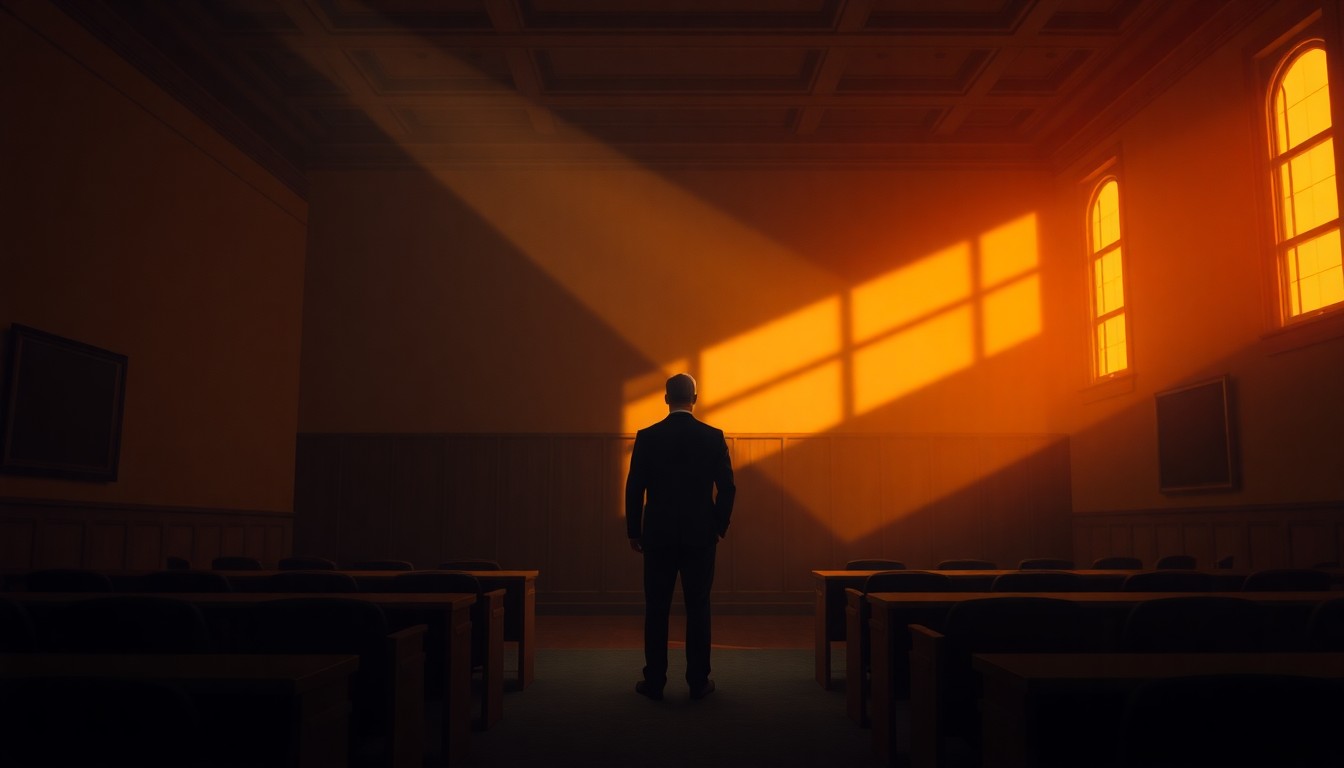 A solitary figure stands alone in a dimly lit county council chamber, the scene bathed in warm, diagonal sunlight and deep shadows, capturing the quiet, contemplative mood of local politics.