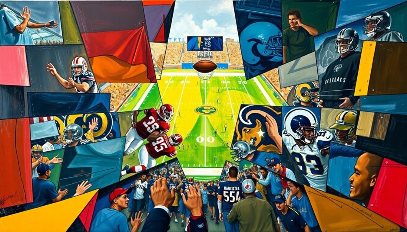 A cubist, geometric painting depicting a fragmented football game scene, with players and the field broken down into overlapping angular shapes and planes in a variety of colors.