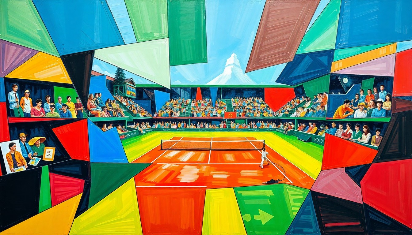 A fragmented, geometric painting in bold colors depicting the dynamic movement and competition of a tennis match.