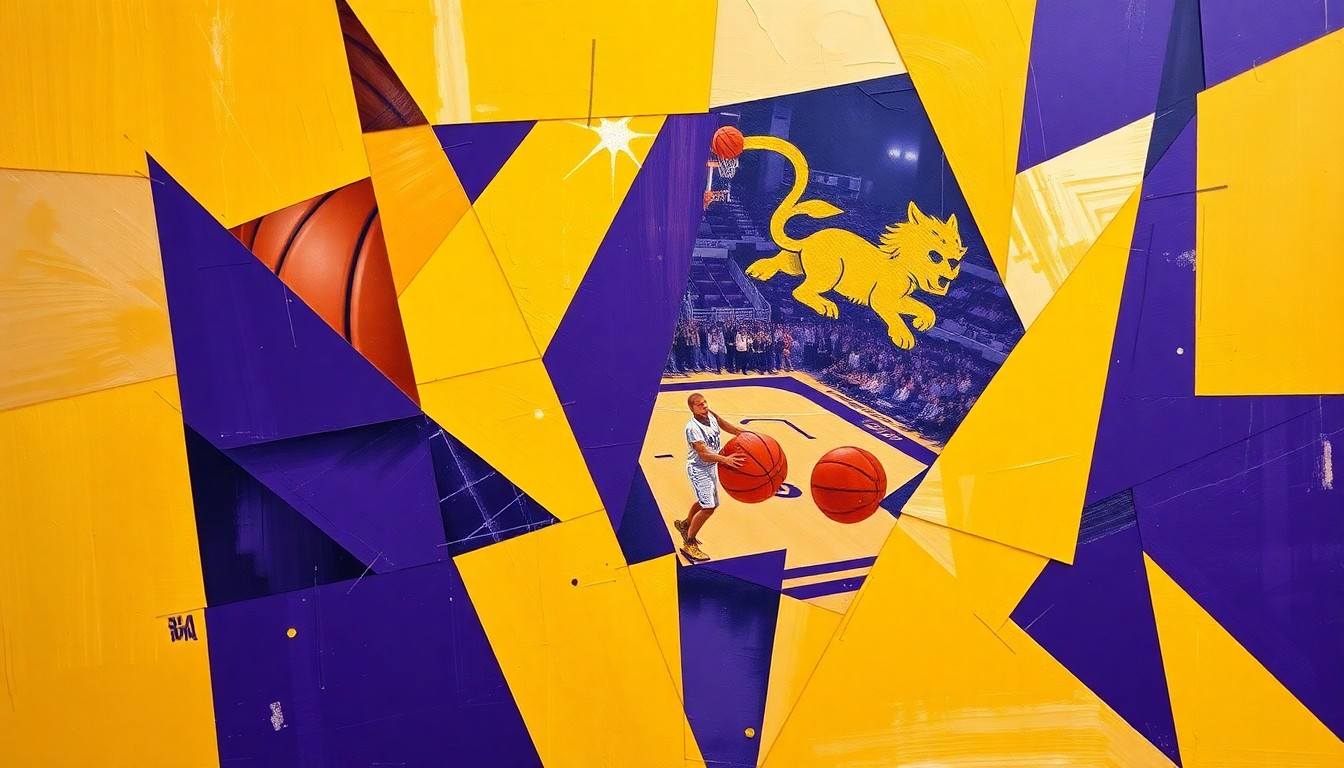 A cubist, geometric painting depicting a fragmented basketball court scene, with players and the ball broken down into sharp, overlapping shapes in LSU's signature purple and gold colors, conceptually representing the complex and uncertain future of the Tigers' basketball program under Wade's leadership.