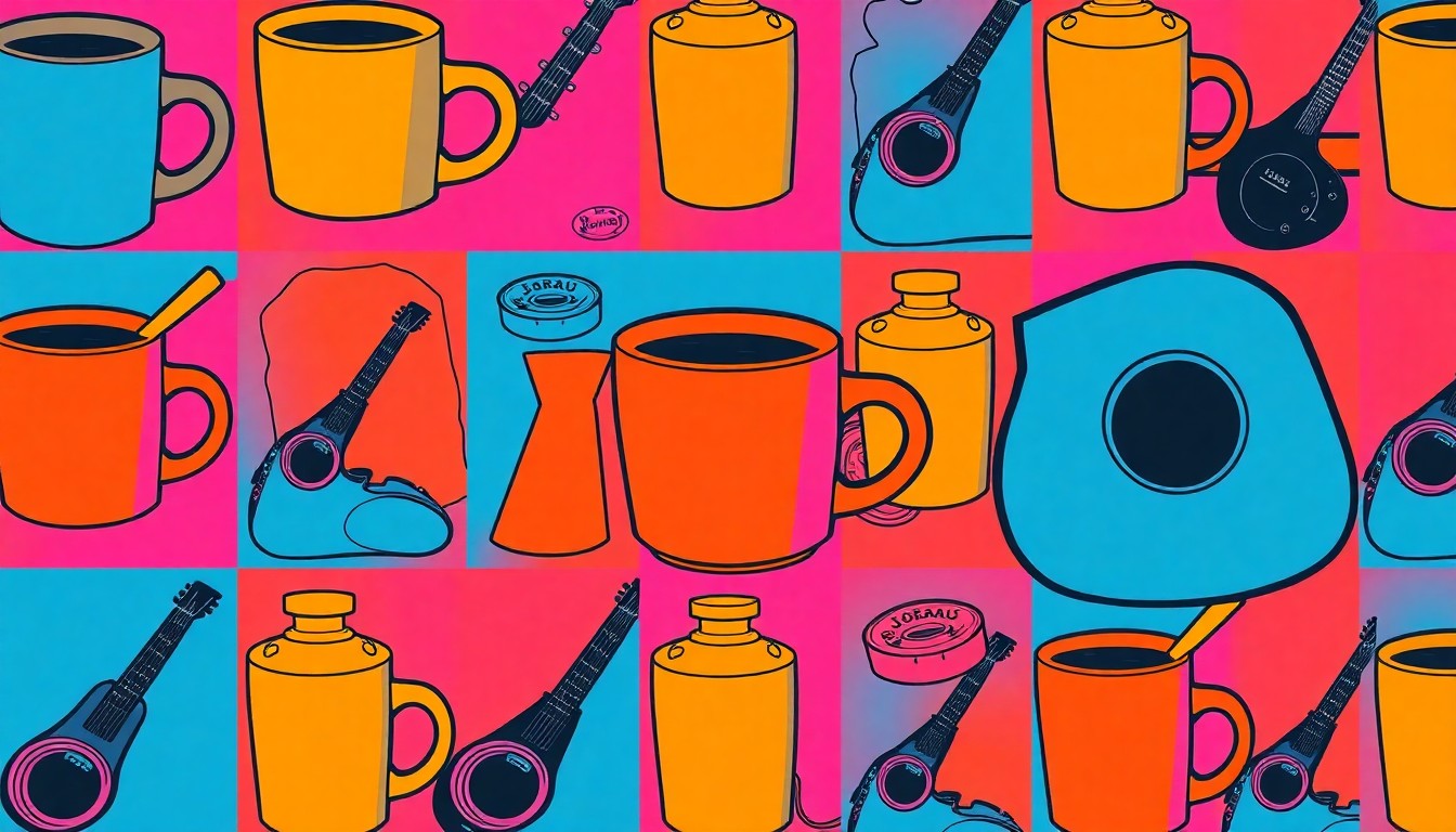 A brightly colored, high-contrast silkscreen print of a Juneau-themed lifestyle object, such as a coffee mug or musical instrument, repeated in a grid pattern to create a modern pop art representation of the city's diverse community events and activities.