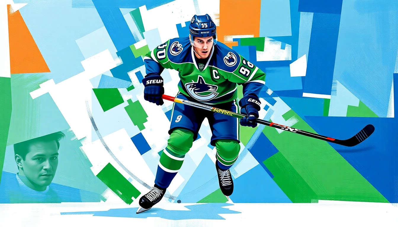A cubist-style painting depicting a hockey defenseman in action, with their body and movements broken down into sharp, overlapping geometric shapes and planes in the colors of the Vancouver Canucks.