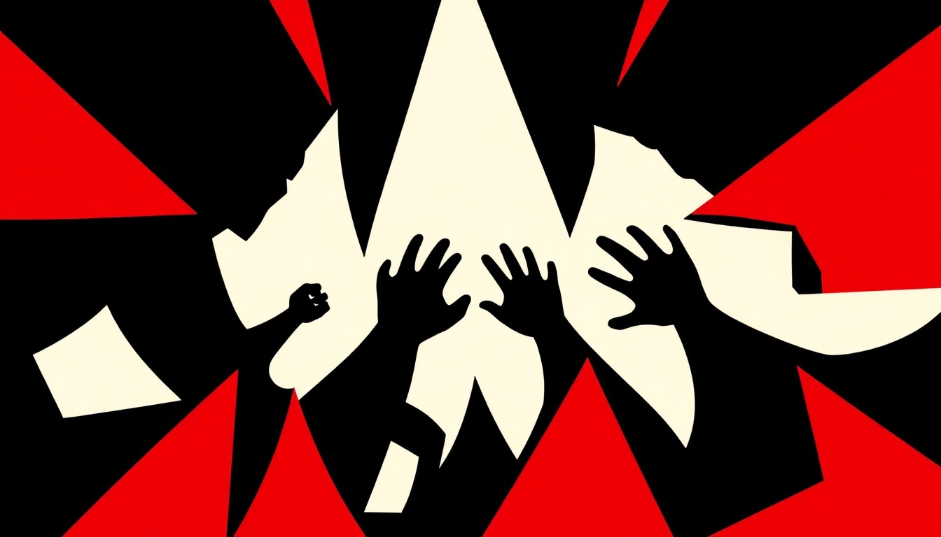 An abstract composition of angular black and white shapes, with a bold red accent, conveying the high-stakes drama and visceral energy of professional wrestling.