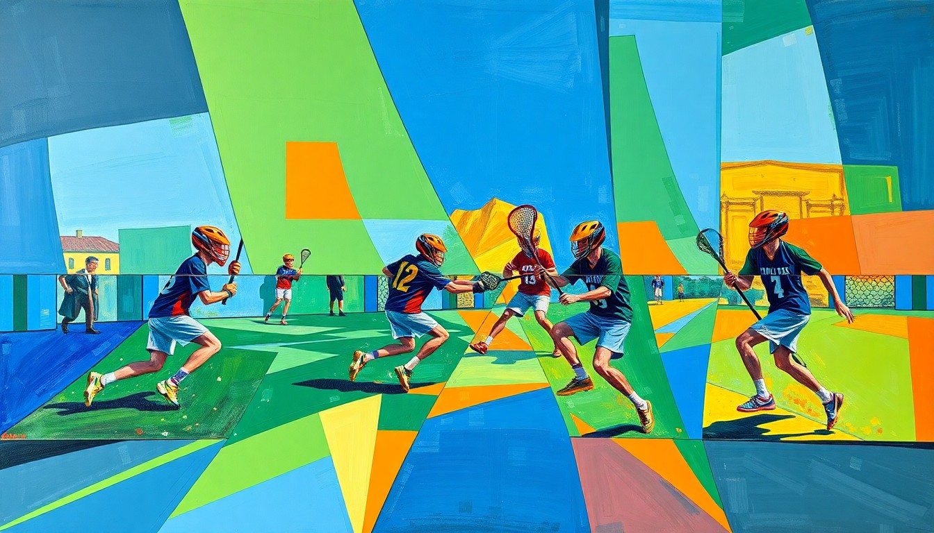 A fractured, geometric painting in bold colors depicting the action and motion of a boys lacrosse game, with players and the ball broken down into overlapping angular shapes.