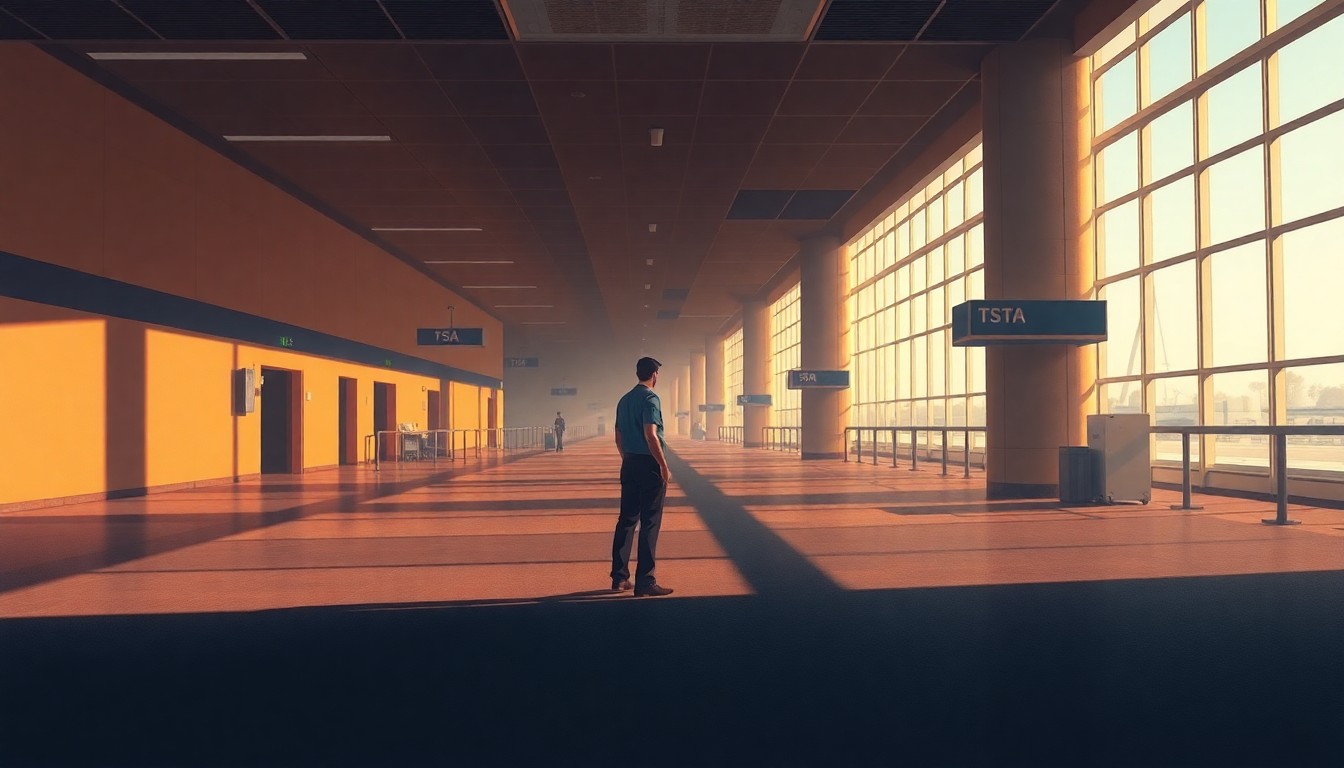 A serene, cinematic painting depicting a lone TSA worker standing in an empty airport terminal, the space bathed in warm, diagonal sunlight and deep shadows, conveying the melancholy and uncertainty of the ongoing government shutdown.
