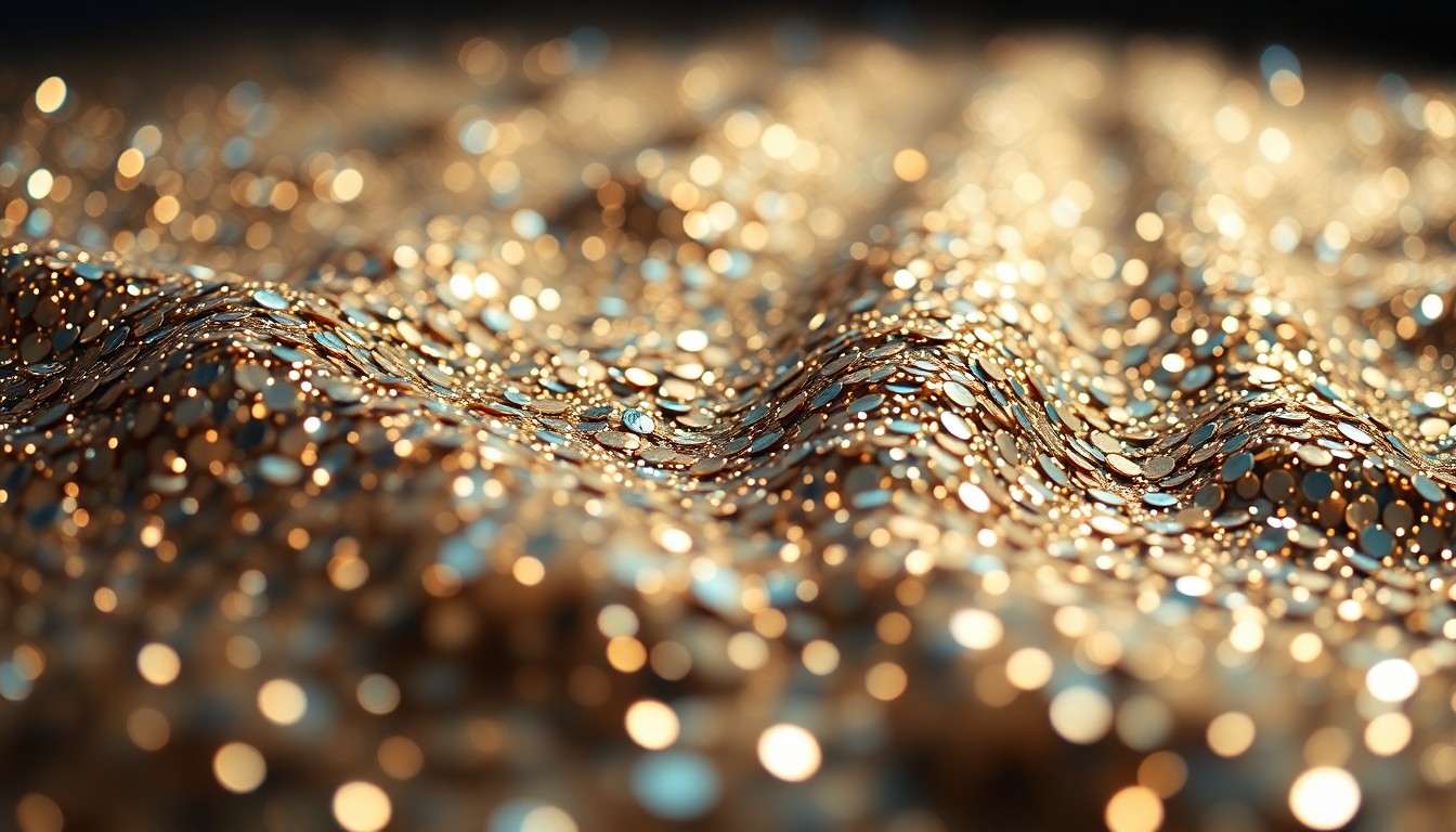 An abstract close-up photograph of shimmering, glittering sequins under dramatic studio lighting, creating a high-contrast, high-fashion aesthetic without depicting any identifiable people or objects.