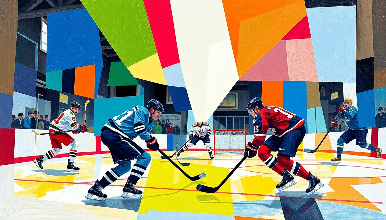 A cubist-style painting depicting a hockey game, with the players and action broken down into sharp, overlapping geometric shapes and planes in the team colors of Hamilton College and Aurora University.