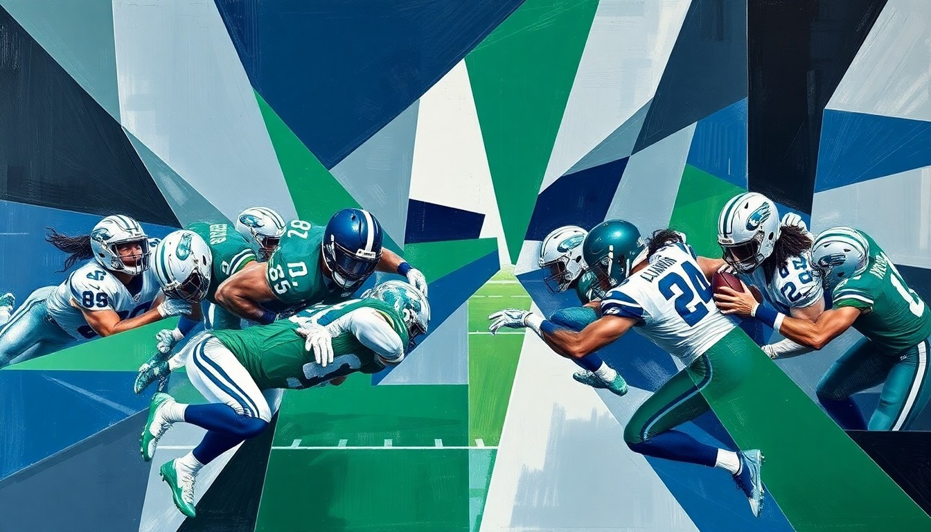 A fractured, cubist-style painting depicting the chaotic energy and overlapping movements of an NFL pass rush, with sharp geometric planes of navy, forest green, and steel grey.