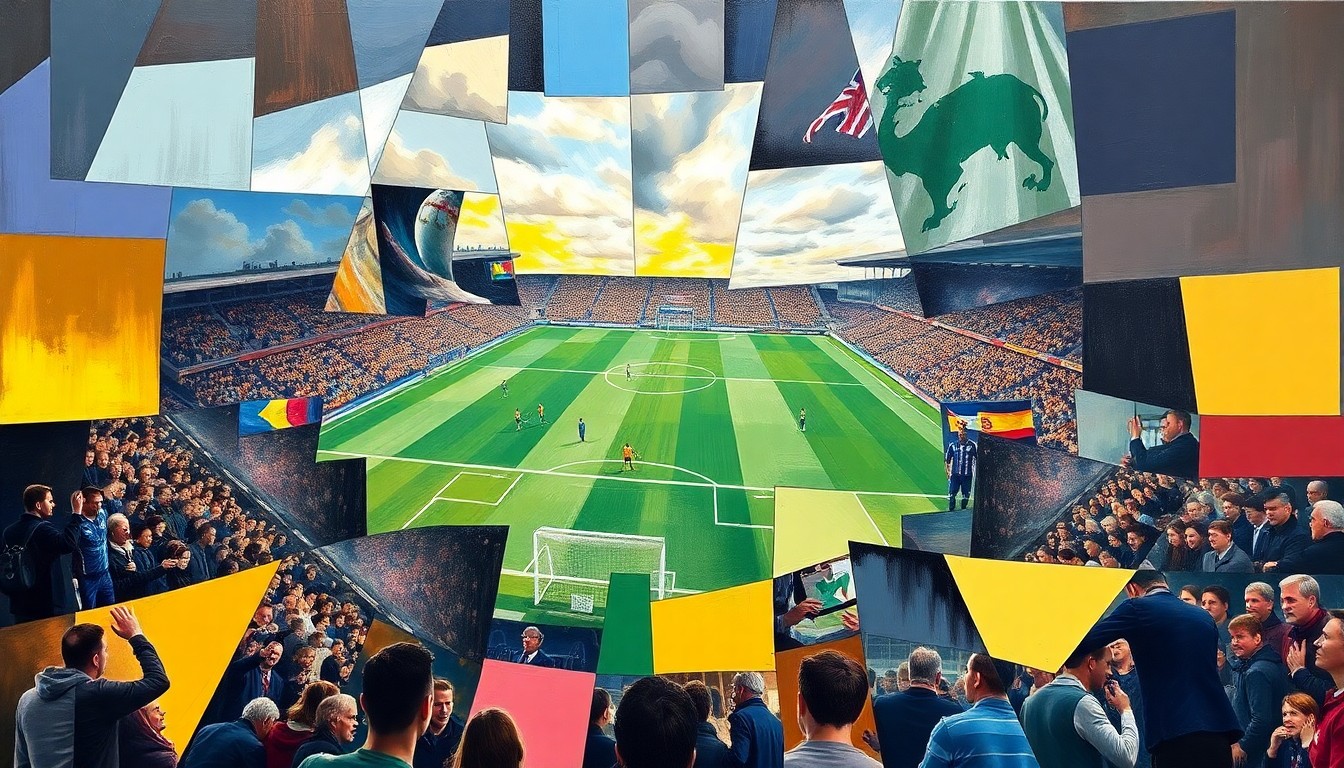 A fragmented, geometric painting depicting a football match, with players and the field broken down into overlapping planes of color and shape, conveying the intensity and drama of the game.