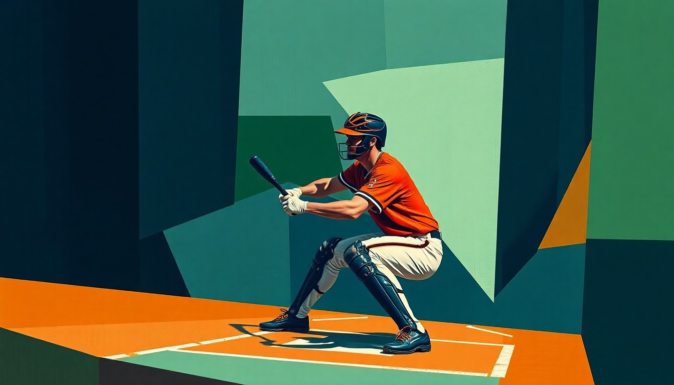 A cubist, geometric painting depicting a baseball catcher in the batter's box, with sharp, overlapping planes in muted tones of navy, forest green, and burnt orange, conceptually representing the fractured nature of Raleigh's performance.