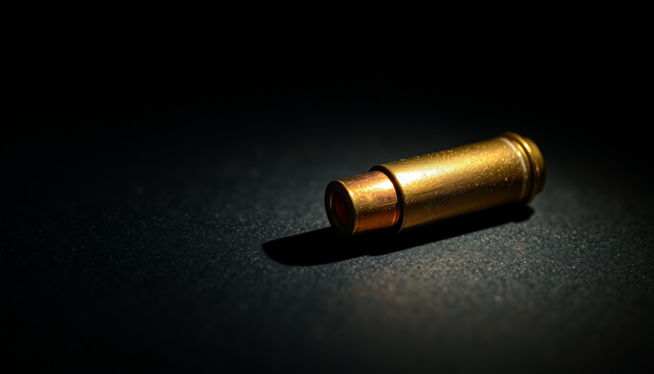 An extreme close-up of a single brass bullet casing reflecting the harsh light of a camera flash, conceptually representing the sparse physical evidence in an unsolved homicide investigation.