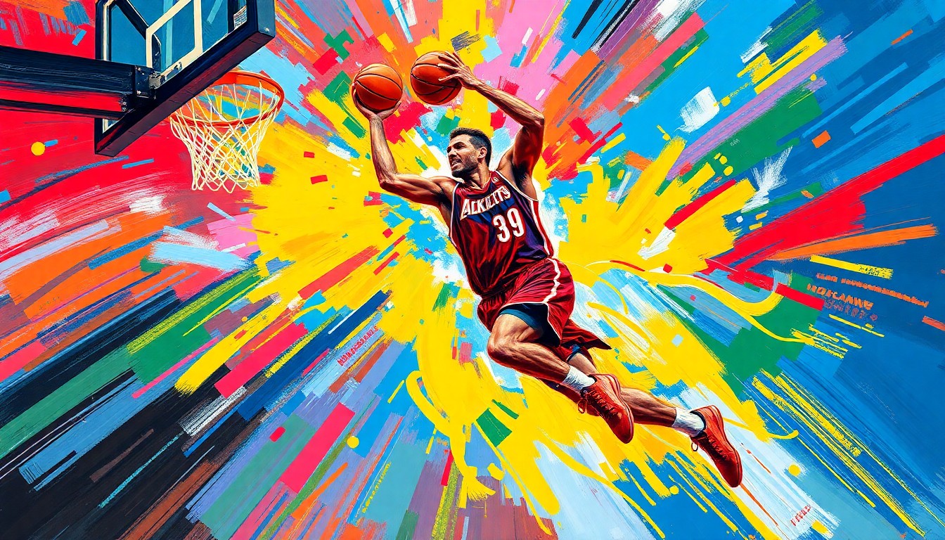 A dynamic, neon-colored painting depicting a basketball player in mid-motion, their form dissolving into vibrant brushstrokes that convey the raw athleticism of the sport.
