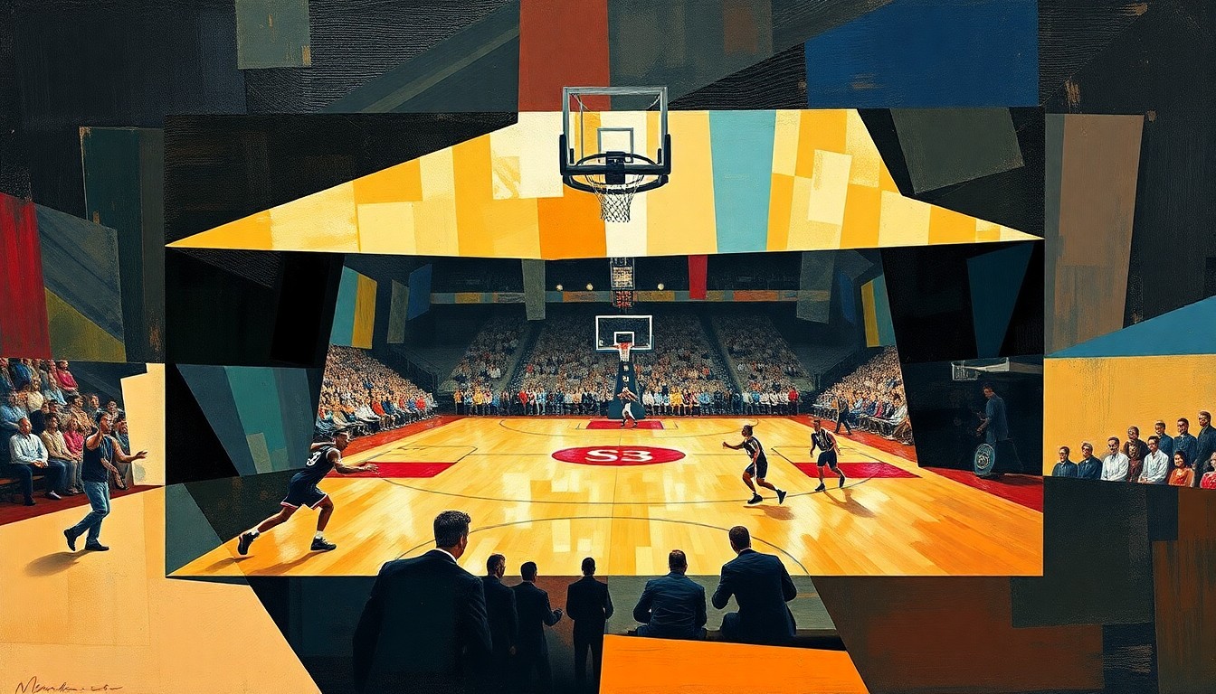 A fragmented, geometric painting depicting the dynamic movements and energy of a basketball player in action.