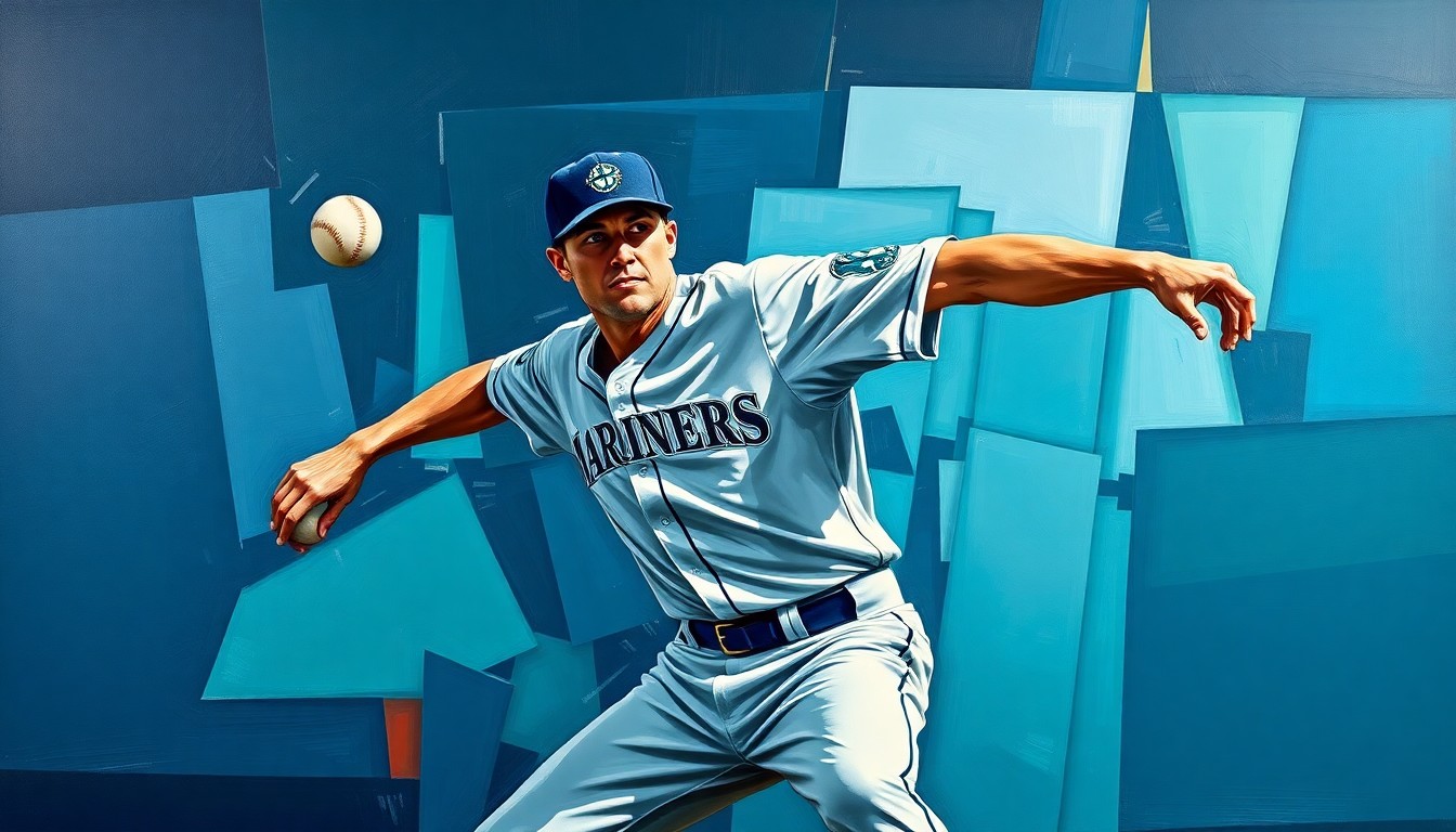 A cubist-style painting depicting a baseball pitcher's throwing motion broken down into sharp, overlapping geometric shapes in the Mariners' team colors of navy blue, teal, and silver, conceptually representing the complex contract negotiations ahead for the team's young pitching talent.