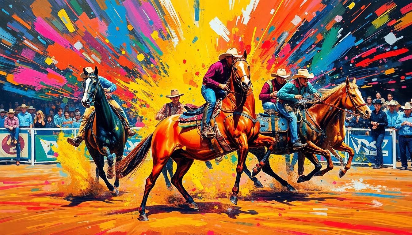 An abstract, energetic painting in neon colors depicting the motion and excitement of a rodeo event, with horses, cowboys, and rodeo equipment blending together in a vibrant, expressionist style.