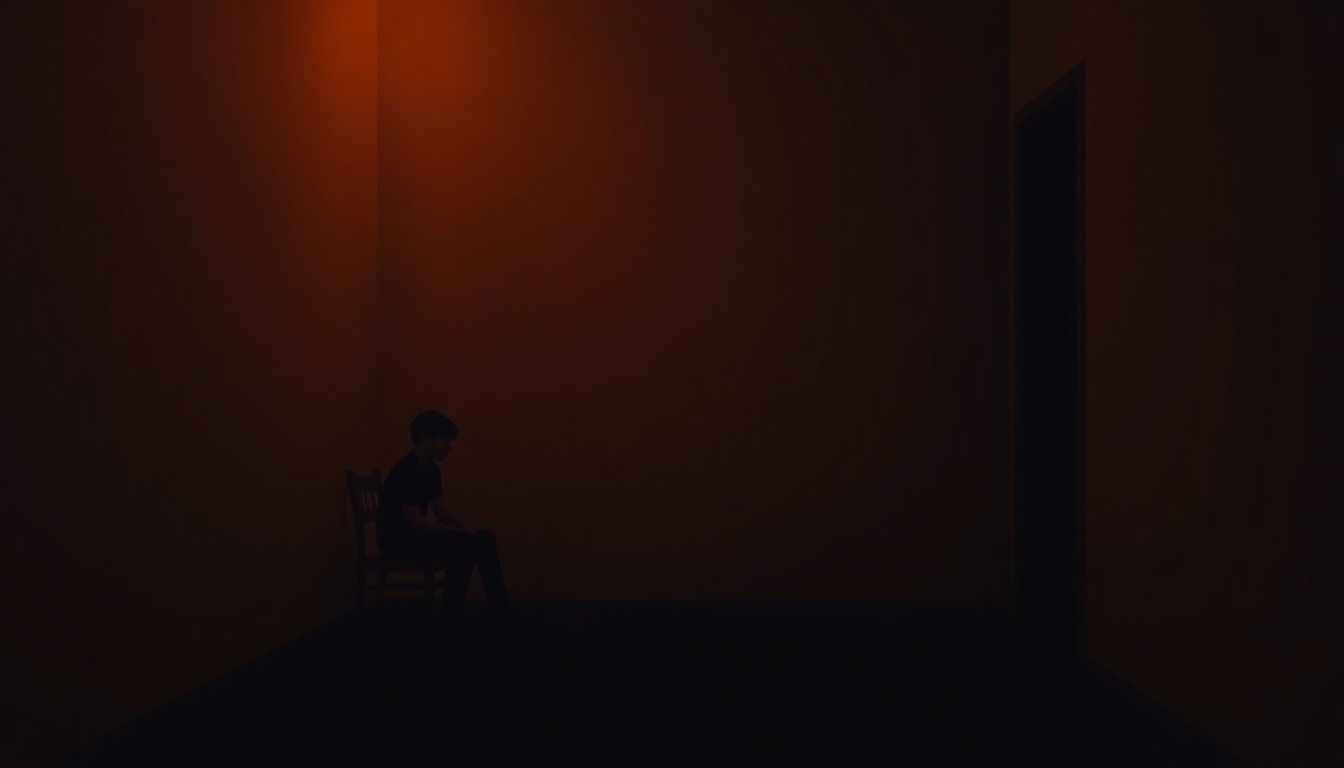 A solitary young person sits alone in a dimly lit room, the scene bathed in warm, cinematic light and deep shadows, conveying a sense of isolation and contemplation.
