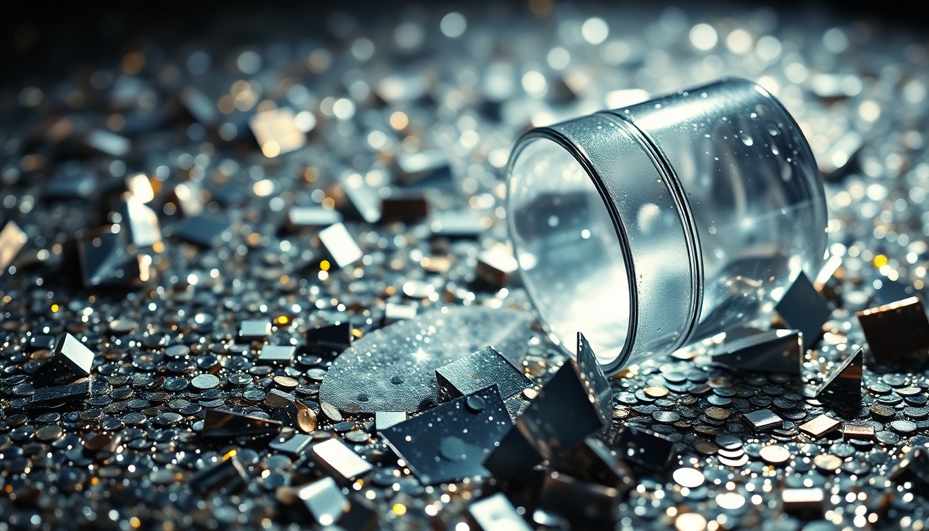 An abstract close-up image of shimmering, high-contrast textures like sequins and shattered glass, conveying the glamour and celebrity culture surrounding Scientology events.