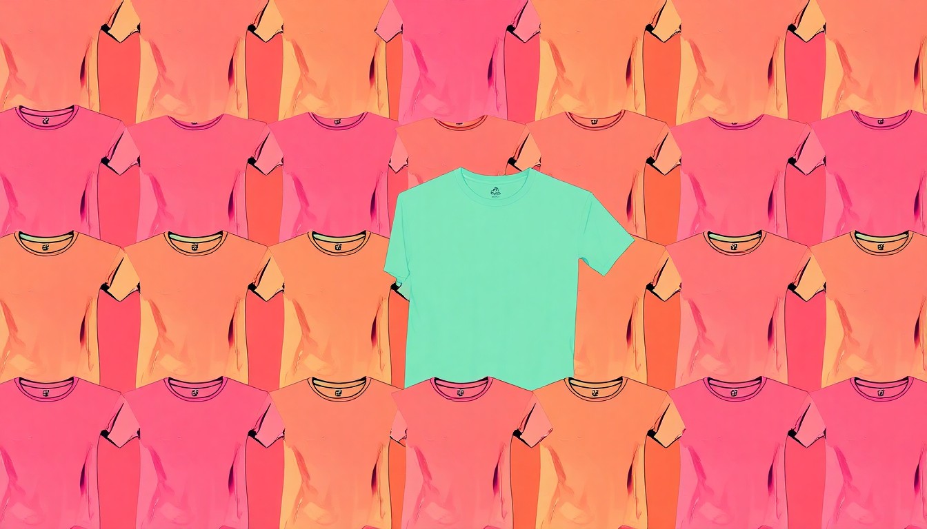 A bold, colorful silkscreen-style illustration featuring a repeated pattern of a single white t-shirt in a grid, conceptually representing the timeless appeal and endless styling possibilities of this wardrobe essential.