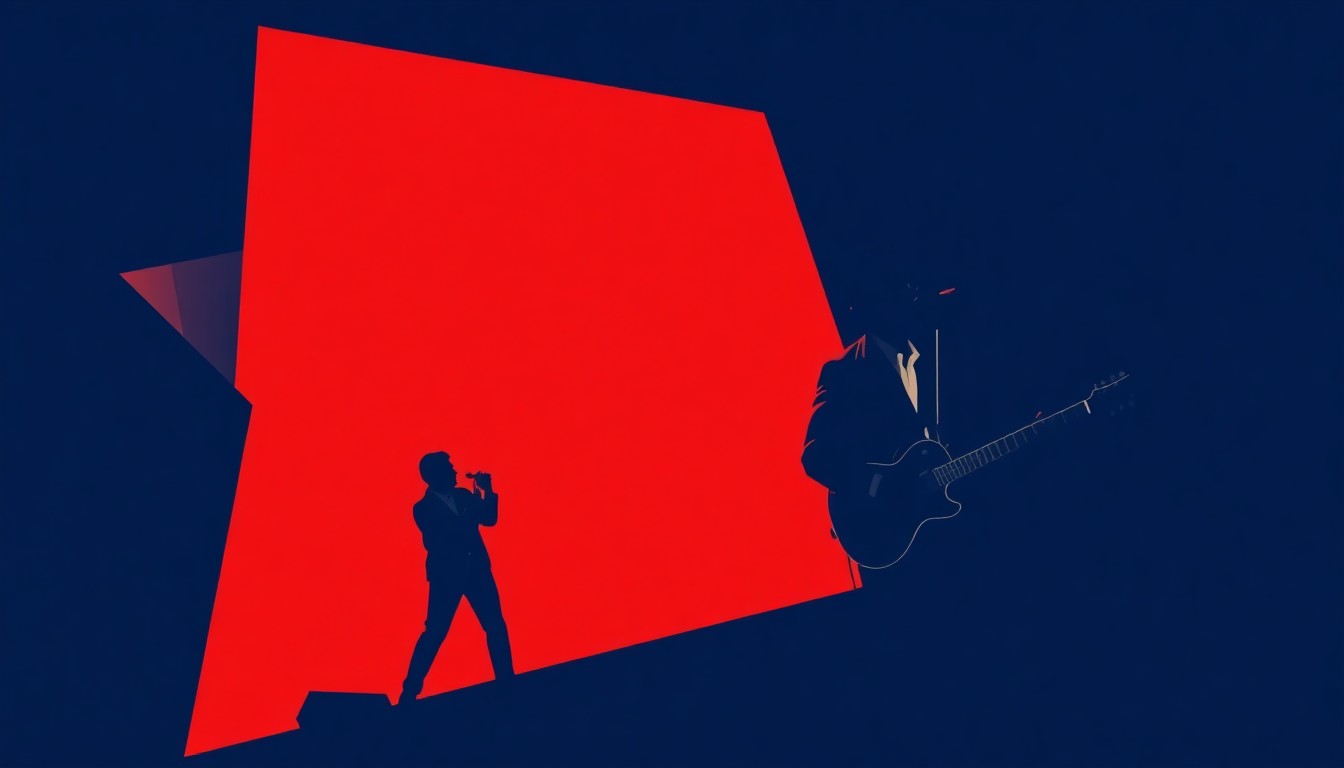 An abstract, minimalist illustration using bold, jagged shapes and high-contrast colors to represent the soulful energy of a live R&B music performance.