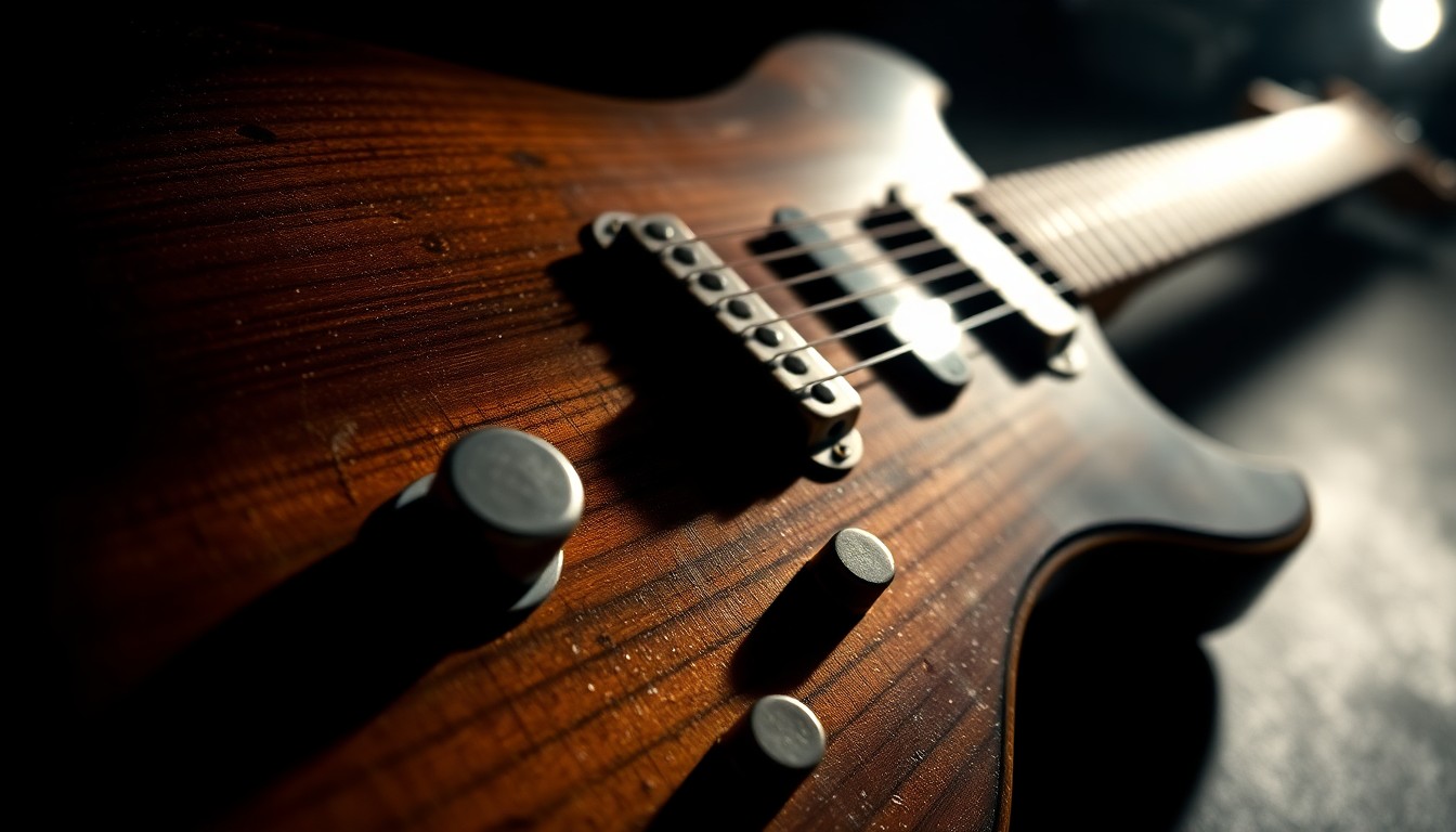 An extreme close-up photograph of the worn, textured wood grain and metallic hardware of a vintage electric guitar, bathed in dramatic studio lighting to create a sense of rock and roll glamour and history.