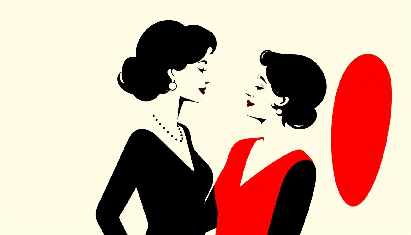 A striking black silhouette of two women's profiles, their heads tilted towards each other, set against a bold red background with a single white line dividing the frame, conveying the concept of a lifelong friendship.