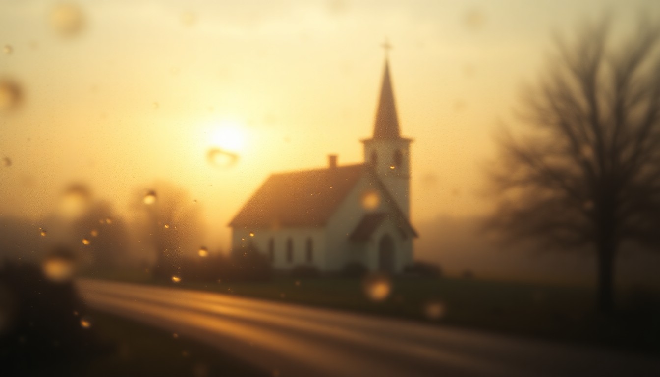 An abstract, out-of-focus scene of a country church on a Sunday morning, with soft pools of golden light and muted colors, conveying the atmospheric mood of a community gathering.