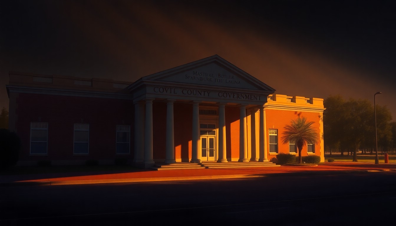 A serene, photorealistic painting of a government building in Spartanburg, South Carolina, with warm sunlight streaming through the windows and deep shadows cast across the facade, creating a contemplative, nostalgic mood.