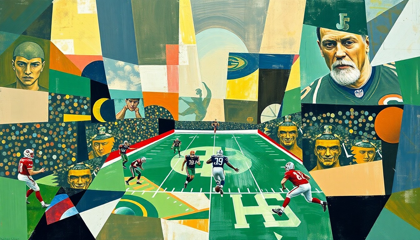 A cubist-style painting depicting a fragmented, geometric interpretation of a football game, with overlapping shapes and planes representing the strategic complexity of the sport.