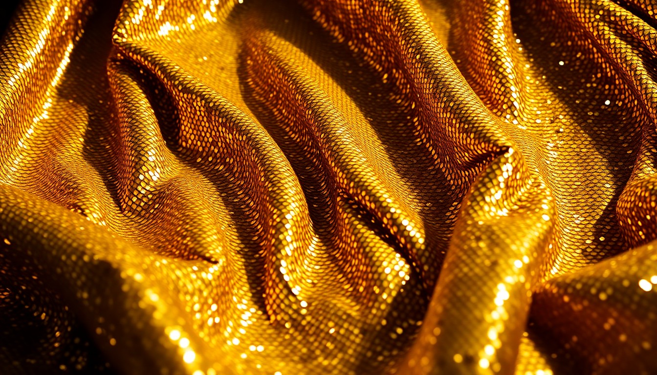 An extreme close-up of a crumpled, glittering gold sequin fabric, shot in dramatic high-contrast studio lighting to create a conceptual representation of the glamour and tragedy surrounding the untimely passing of a rising entertainment star.
