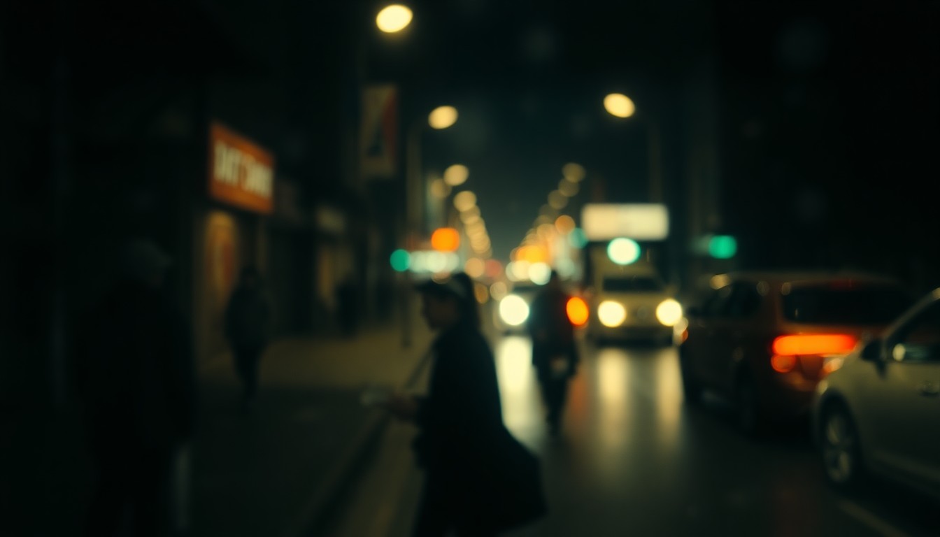 An abstract, out-of-focus photograph depicting a dimly lit urban street scene with blurred silhouettes of pedestrians and vehicles, conveying a sense of melancholy and uncertainty about the challenges facing long-term tenants in gentrifying areas.