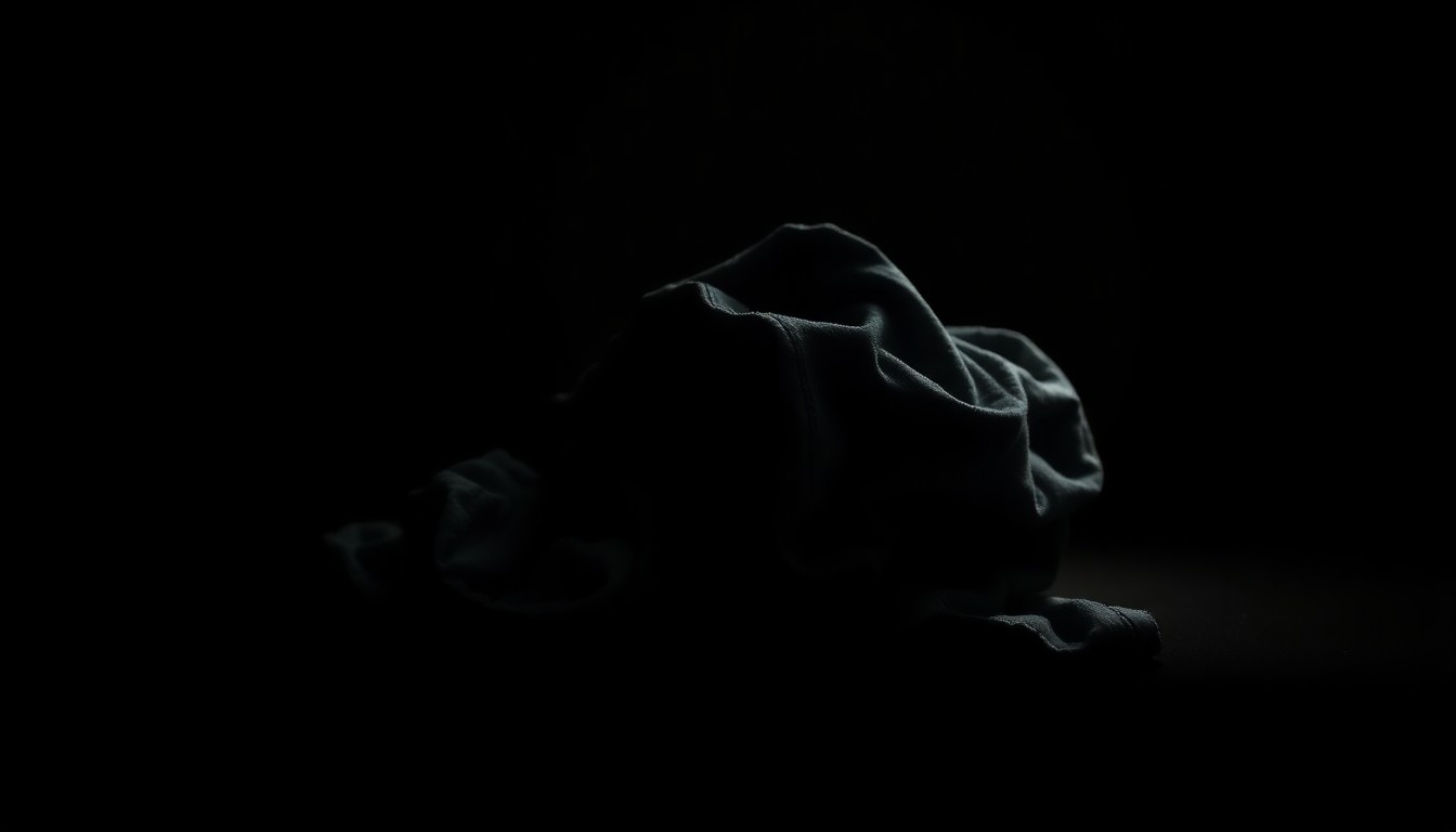 An extreme close-up photograph of a crumpled piece of denim fabric, lit by a harsh camera flash against a pitch-black background, conveying a sense of grit and urgency around the alleged crime.