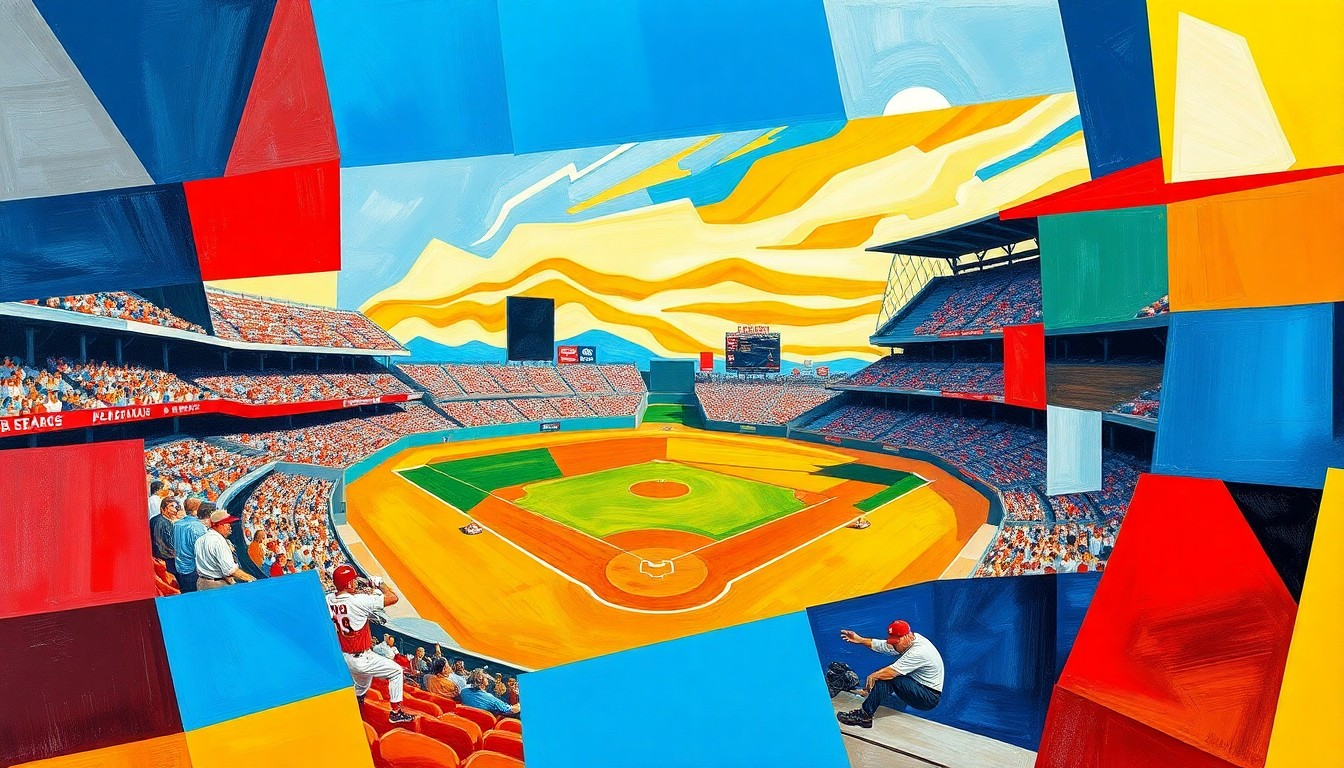 A cubist, geometric painting depicting a fragmented baseball game, with overlapping shapes and planes in vibrant colors representing the strategic adjustments required by the new automated strike zone technology.