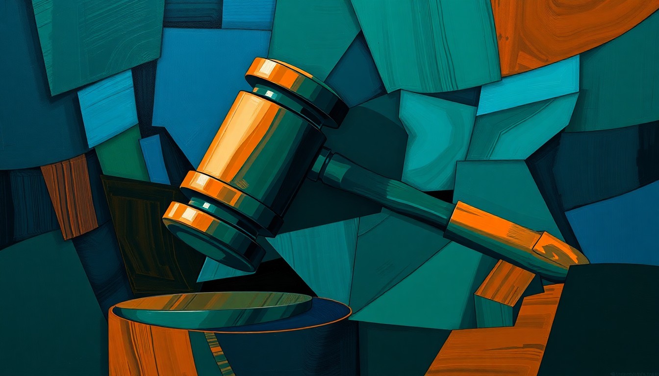 A fractured, abstract painting featuring overlapping geometric shapes and brushstrokes in shades of blue, green, and orange, conveying the high-energy and competitive nature of the Supreme Court election.