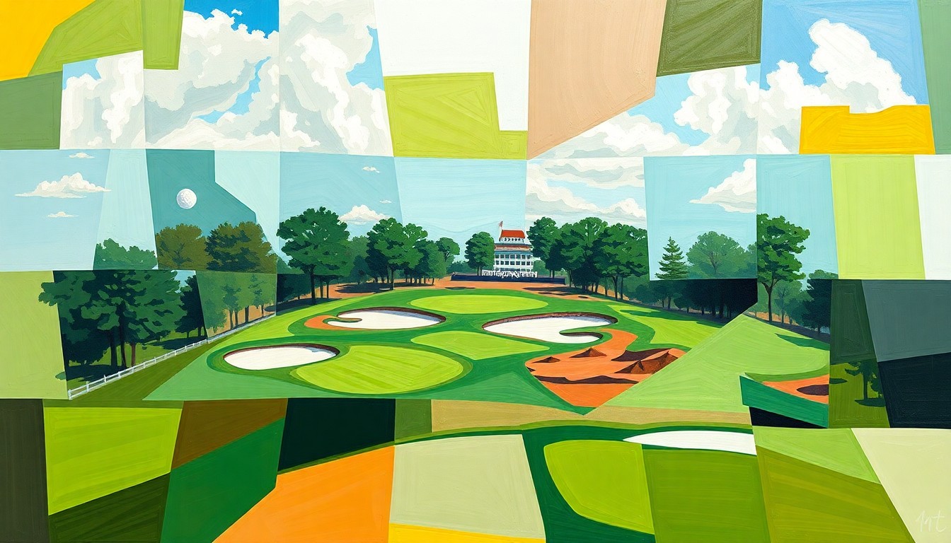A cubist, geometric painting depicting a women's golf tournament at Augusta National, with overlapping planes of green fairways, sand traps, and vibrant colors representing the international competitors.