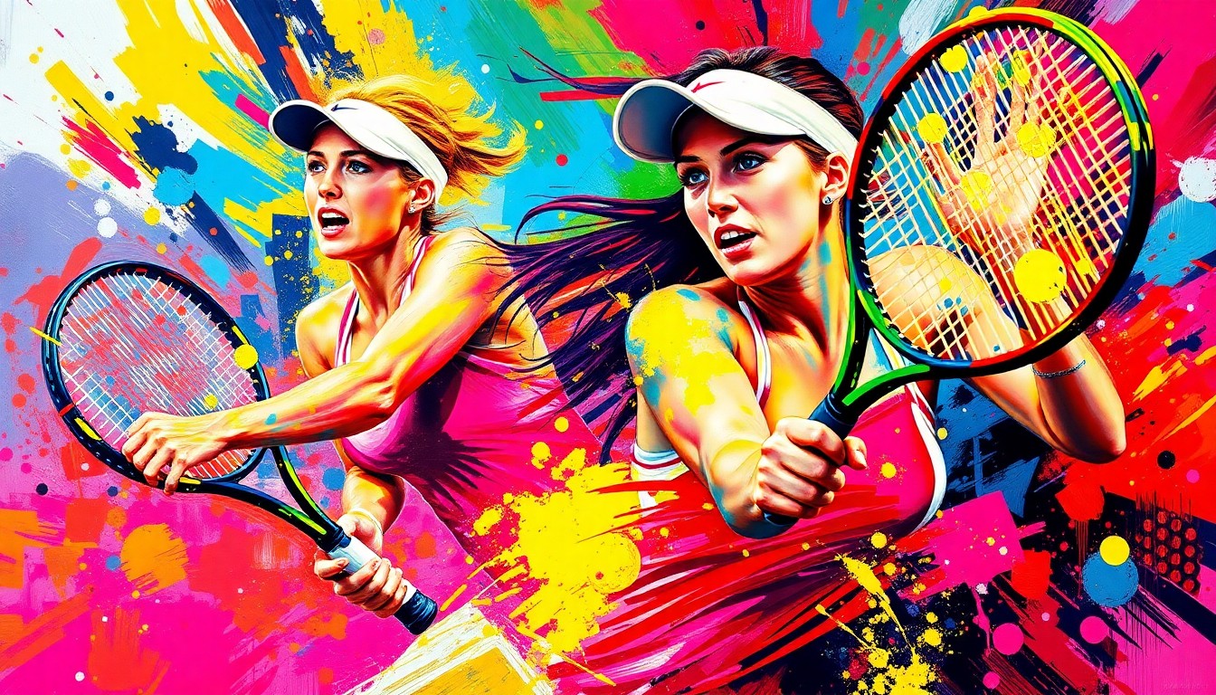 An abstract expressionist painting in vibrant neon colors, with rapid brushstrokes capturing the intense movement and energy of a women's tennis match, the players' forms dissolving into unrecognizable splatters of color.