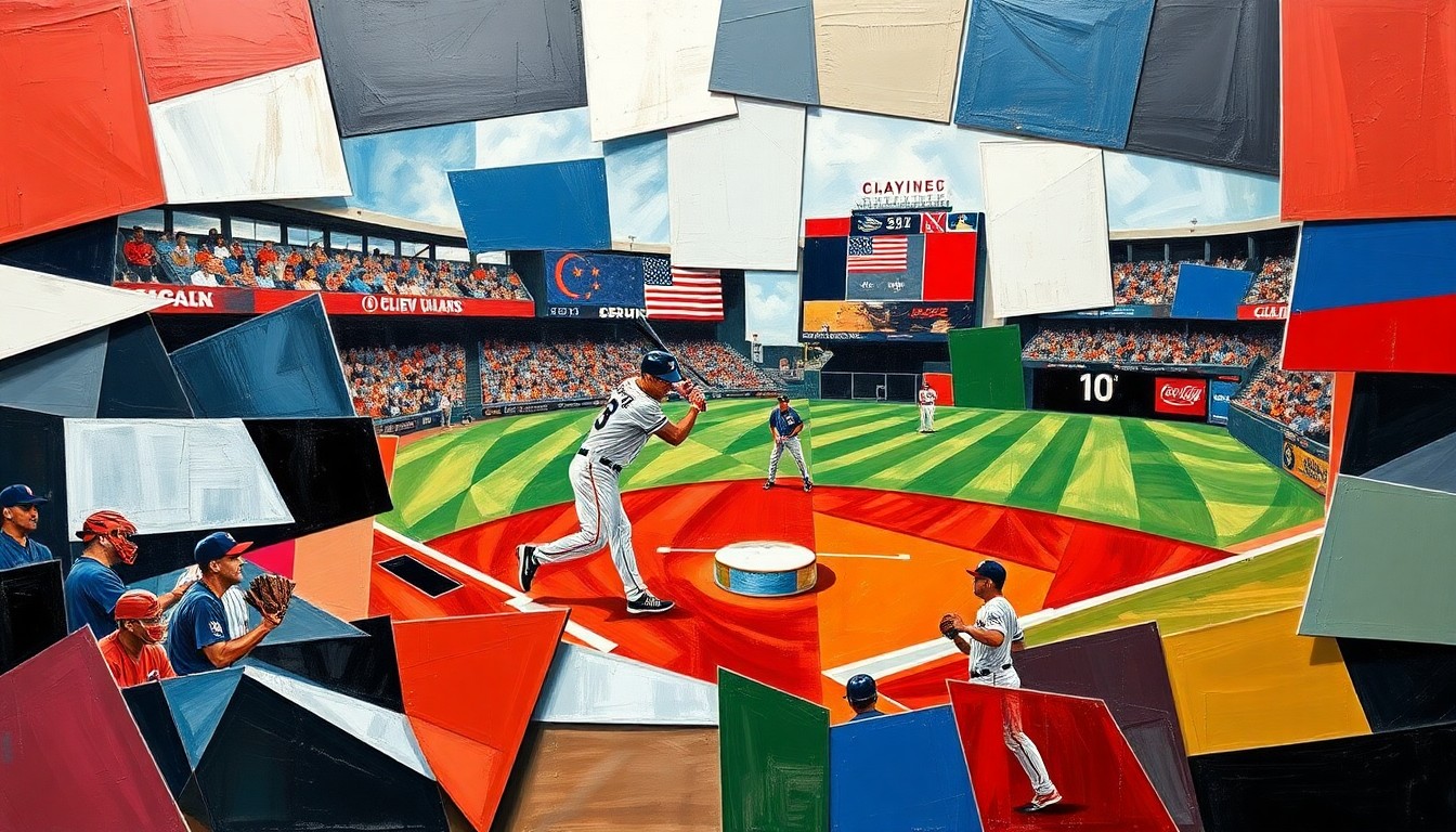 A cubist, geometric painting depicting a baseball player in motion, with sharp, overlapping shapes in navy blue, red, and white representing the Cleveland Guardians' team colors.