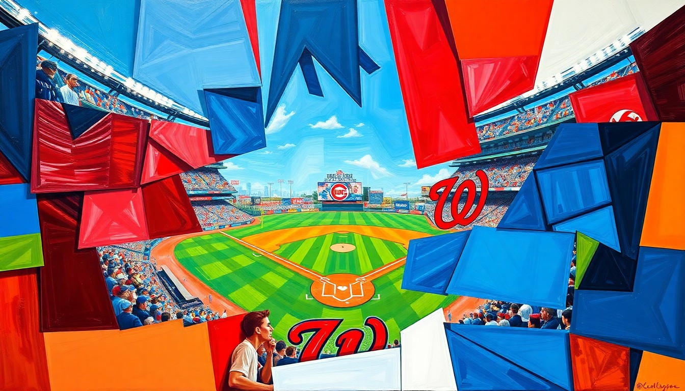 A fractured, cubist-style painting depicting a baseball game between the Chicago Cubs and Washington Nationals, with sharp geometric shapes and planes of vibrant blue, red, and white colors representing the players, field, and action.