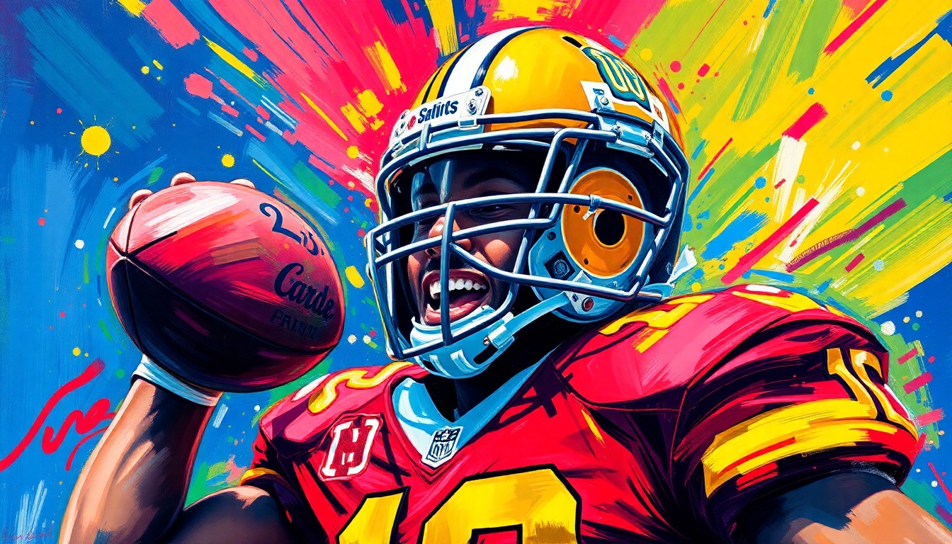 An abstract, energetic painting using bold, sweeping brushstrokes in neon greens, oranges, and blues to capture the dynamic movement and celebratory mood of a successful college athlete who has become a local hero.